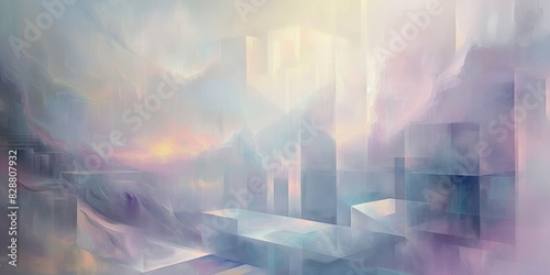 An ethereal mist of pastel hues gently cascading over a canvas of geometric shapes, creating a dreamlike panorama. #828807932