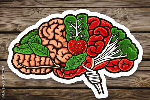 Colorful illustration of the human brain with fruits and vegetables  emphasizing nutrition and brain health