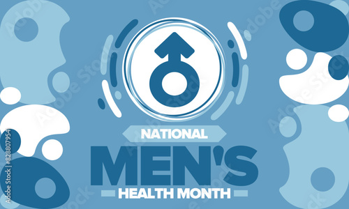National Men's Health Month in June. Celebrated in United States. Educational program that teaches you how to work on your body. Healthy eating, exercise and disease prevention. Medical vector poster