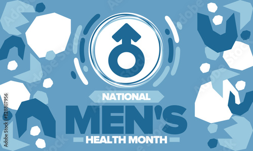 National Men's Health Month in June. Celebrated in United States. Educational program that teaches you how to work on your body. Healthy eating, exercise and disease prevention. Medical vector poster