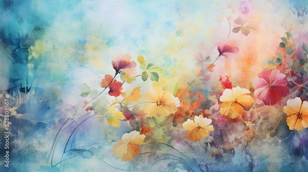 Fototapeta premium A watercolor painting of an abstract floral composition. Vibrant flowers. Generative AI.