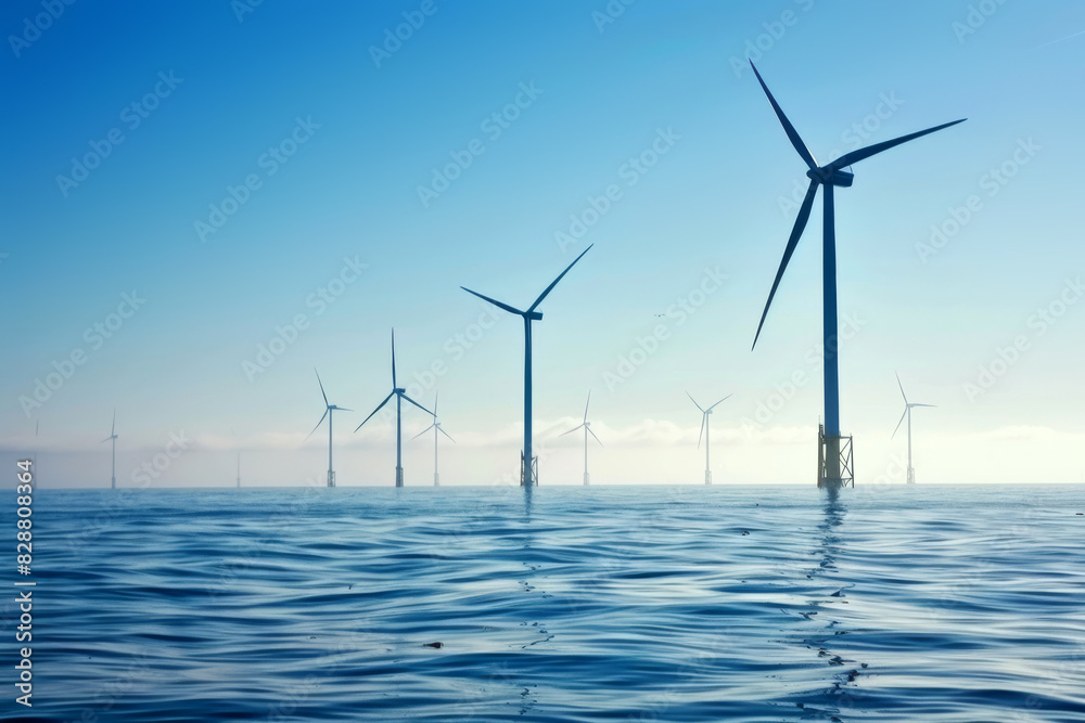 Offshore wind farm with turbines standing in serene sea Offshore wind farm with turbines standing in serene sea