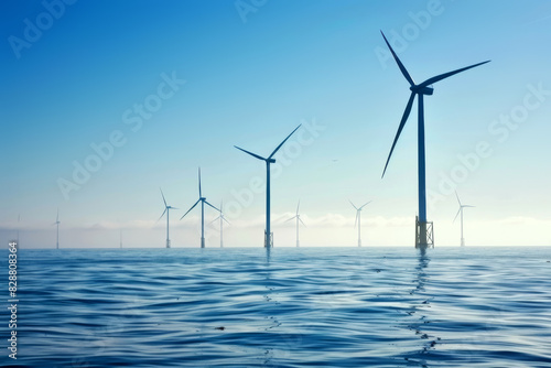 Offshore wind farm with turbines standing in serene sea