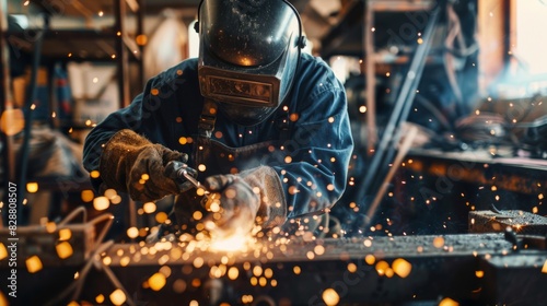 Skilled welder in action with bright sparks and smoke photo