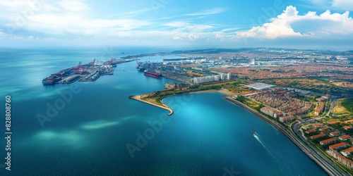 A panoramic aerial shot captures the vastness of a port with ships, containers, and a cityscape in the background