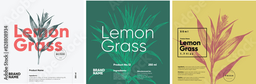 Three labels for lemongrass products, illustrated in engraving style, displaying the plant in muted green, red, and yellow hues with bold typography. © Molibdenis-Studio