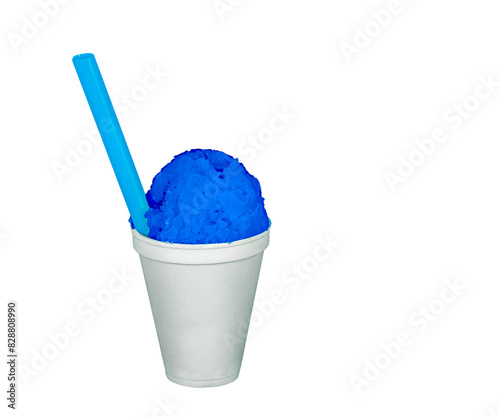 Blue Raspberry Hawaiian Shave Ice, Shaved Ice or Snow Cone dessert in a white cup with a blue straw on a white background with copy space.