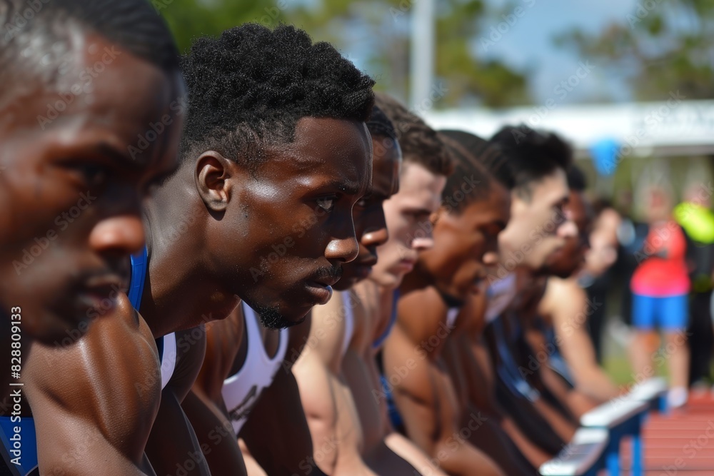 Athletes Ready for Sprint Race - Focused Sprinters Lining Up at Starting Blocks Athletes Ready for Sprint Race - Focused Sprinters Lining Up at Starting Blocks