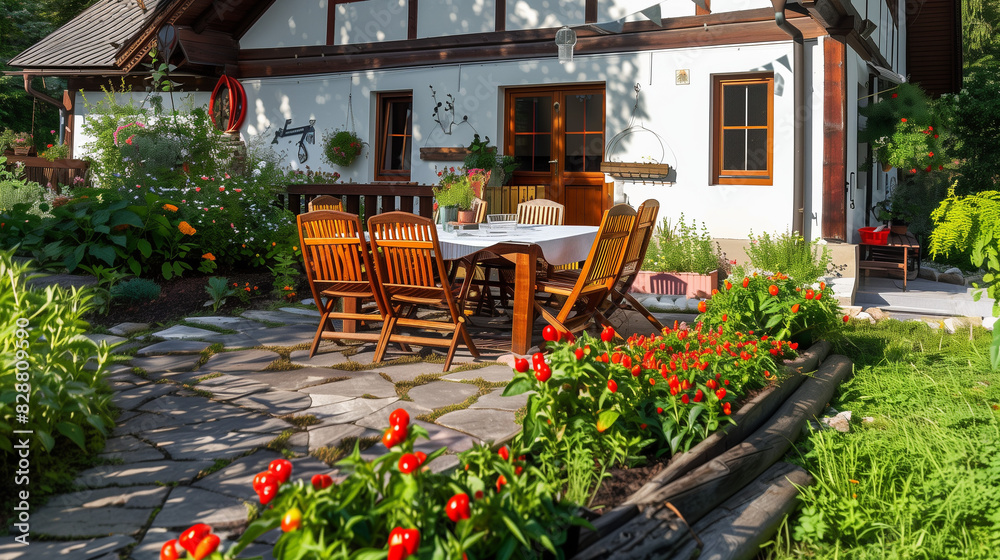 Obraz premium Terrace near house (cottage) with dining table and chairs. Background is garden 
