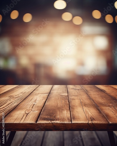 empty wooden table in cozy cafe setting blurred background