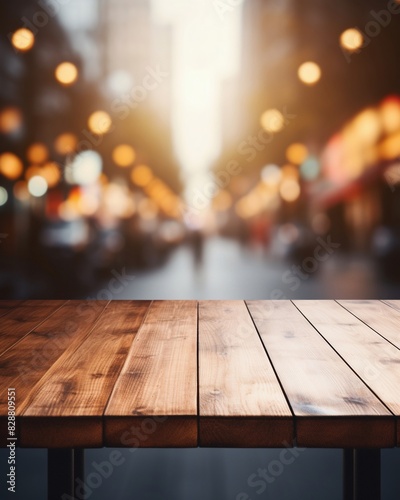 empty wooden table in cozy cafe setting blurred background © Mohil