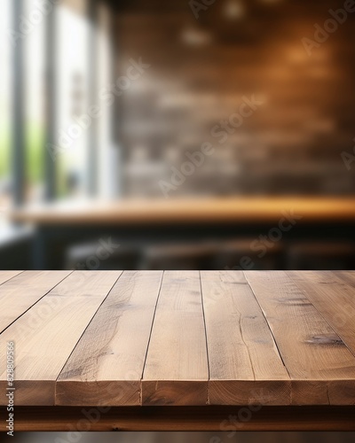 empty wooden table in cozy cafe setting blurred background