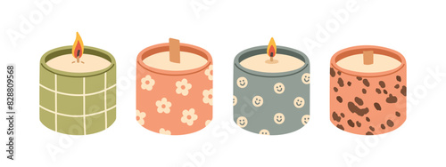 Trendy candle set. Modern scented cozy hygge candle for home interior decor. Vector illustration in flat style