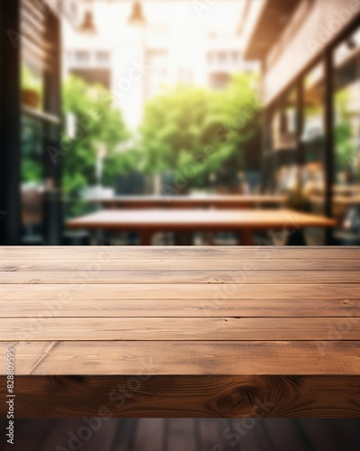 empty wooden table in cozy cafe setting blurred background