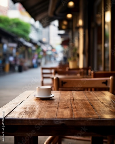 empty wooden table in cozy cafe setting blurred background