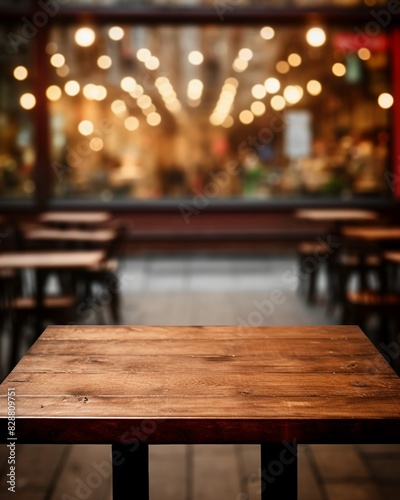 empty wooden table in cozy cafe setting blurred background