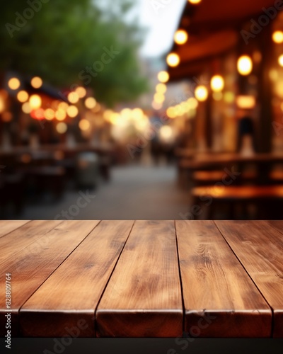 empty wooden table in cozy cafe setting blurred background