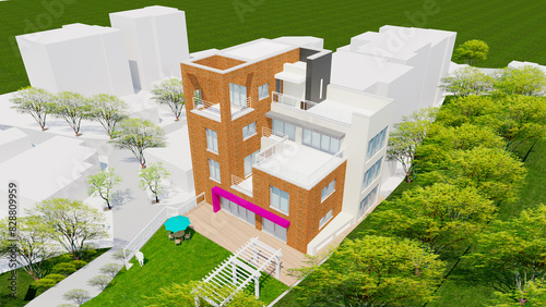 house in the garden 3d bird eye view rendering illustration of a modern house with terrace on the hil photo