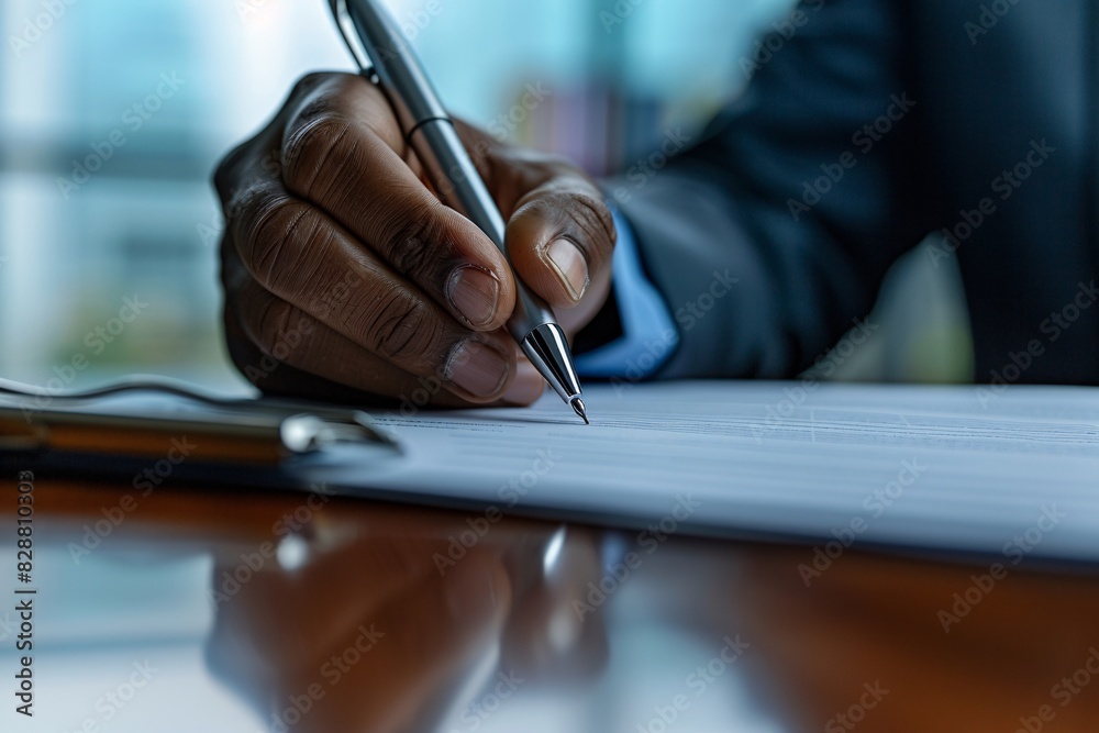 Obraz premium A close-up of a businessperson's hand holding a pen, signing a contract, with a blurred office background, captured in the style of Editorial Photography