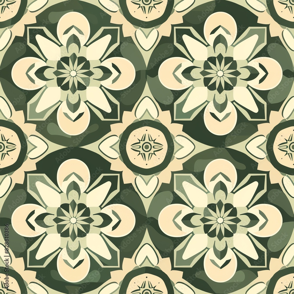 Retro folk art tile pattern in sage green and cream. Retro folk art tile pattern in sage green and cream.