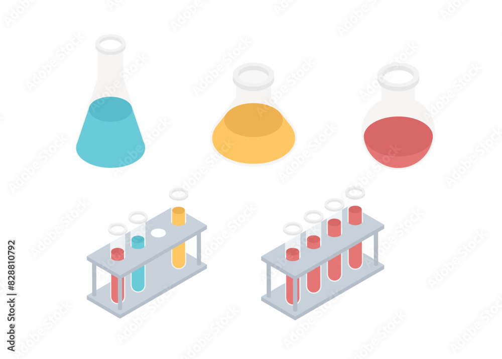 Fototapeta premium Vector isometric illustration of medicine laboratory. Set of various test tubes, and flask. Inventing and producing new medicine and vaccines, pharmacy concept. Medical tests set.