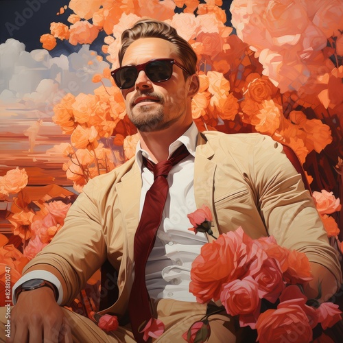 Serene Self-portrait in Beige Suit with Vibrant Orange Tree Backdrop