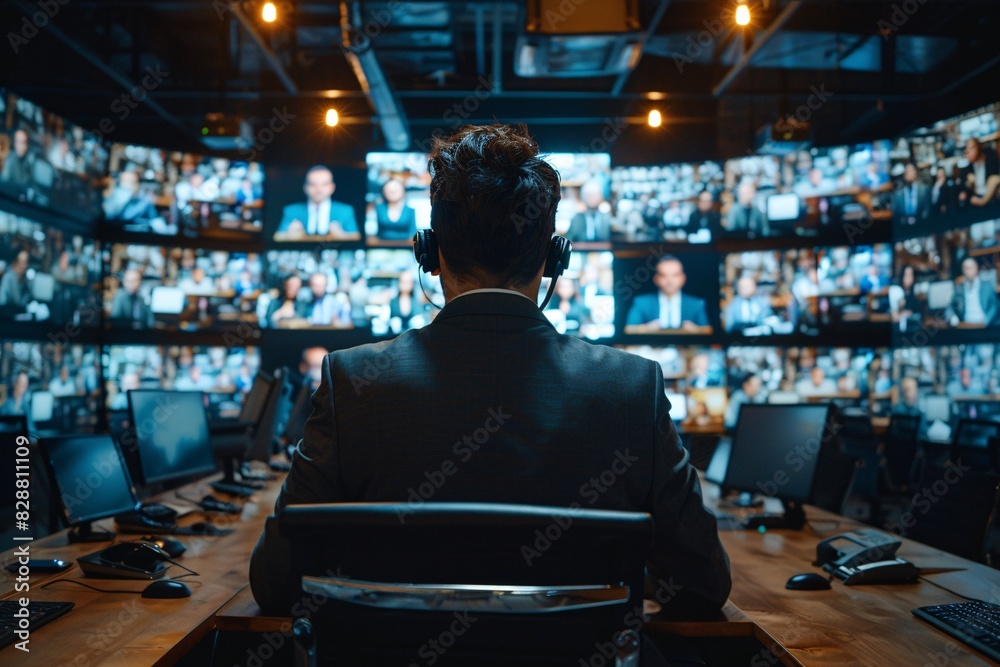 A business executive participating in a virtual conference, with multiple screens and advanced technology, captured in the style of Editorial Photography A business executive participating in a virtual conference, with multiple screens and advanced technology, captured in the style of Editorial Photography