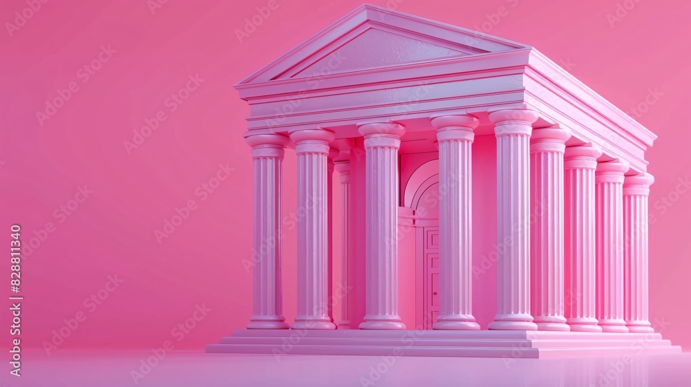 Obraz premium Architectural illustration of classical pink temple structure with columns against solid pink background. Creative design for art and decor.