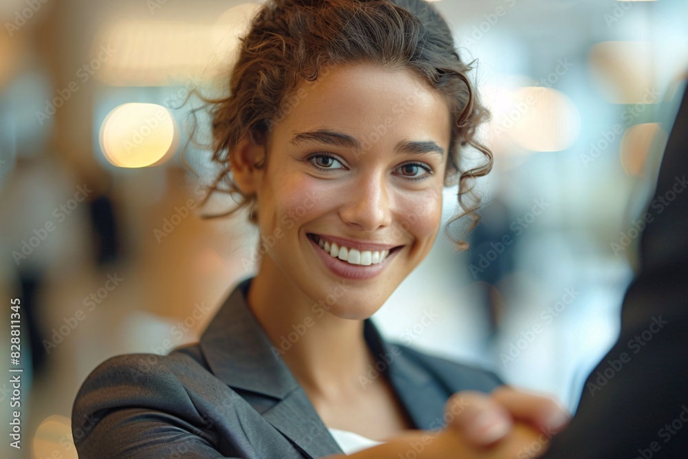 A close-up of a businesswoman confidently shaking hands with a partner, symbolizing a successful deal, with a blurred office environment in the background, captured in the style of Magazine A close-up of a businesswoman confidently shaking hands with a partner, symbolizing a successful deal, with a blurred office environment in the background, captured in the style of Magazine