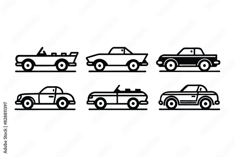 Set of Retro car cabriolet line icon. Old model automobile linear style black vector on white background