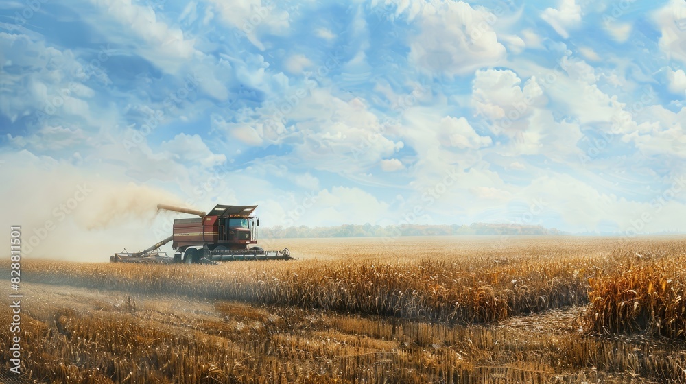 Naklejka premium A corn harvester unloading freshly cut corn into a waiting trailer, with dust rising and the field stretching out to the horizon