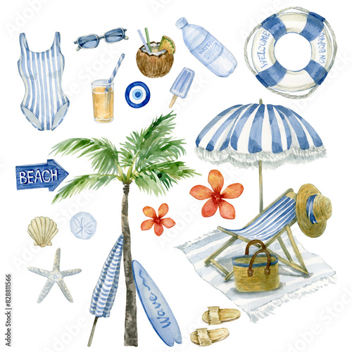 Watercolor hand drawn summer coastal resort elements design with swimsuit, sun umbrella, palm leaves, surf, cocktail, exotic flowers,sunglasses, flip-flops, shells, book.