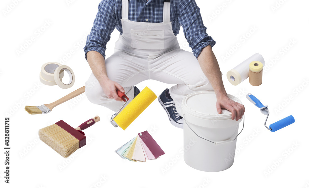Painter surrounded by professional painting tools Painter surrounded by professional painting tools