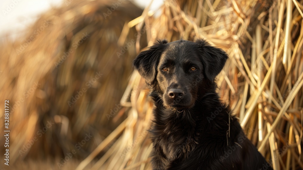 A black dog near the haystacks on the farm A black dog near the haystacks on the farm