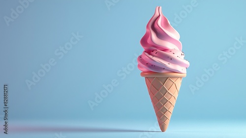 Close-up of a pink and white swirled soft serve ice cream in a cone, against a blue background. Summer treat concept. photo