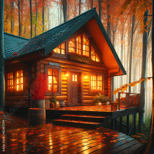 A cozy cabin in the woods during autumn photo
