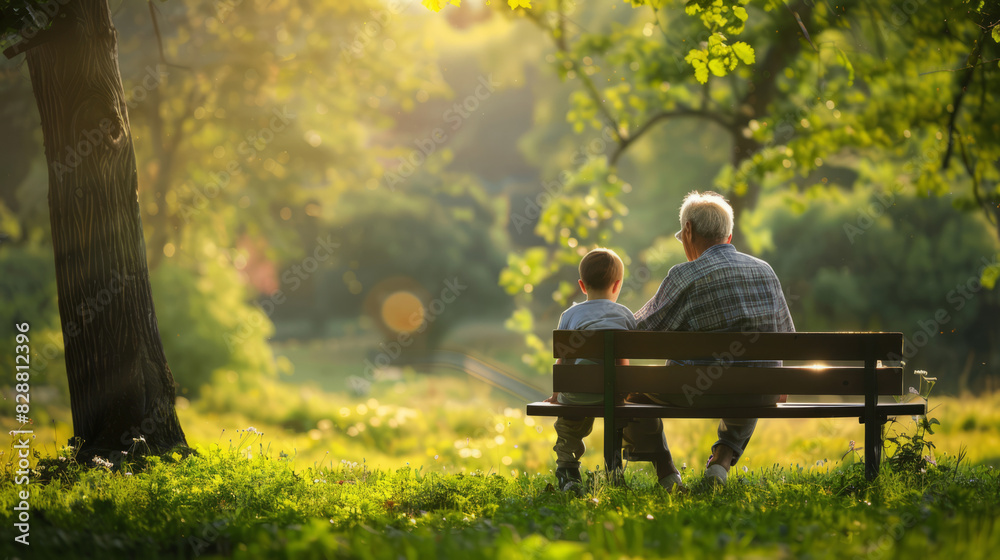 Heartwarming photograph of a grandpa and young boy sitting on a bench in a serene park during sunset. Heartwarming photograph of a grandpa and young boy sitting on a bench in a serene park during sunset.