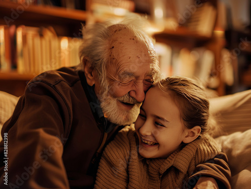 Joyful grandfather and young girl laughing together, warm indoor lighting. © thanakrit