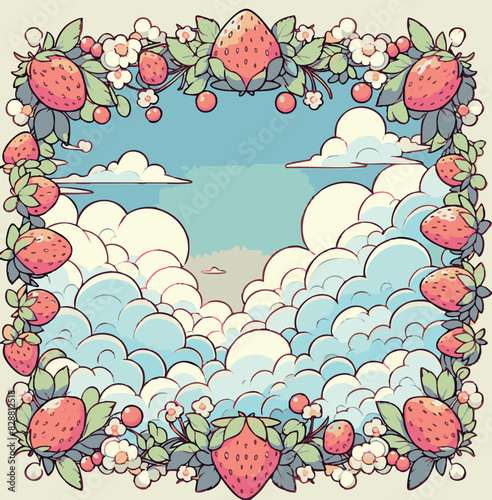 Frame for Text: An Illustration for the Strawberry Festival Featuring Strawberries and Flowers Arranged Around the Edges with a Flirty Girly Theme - Strawberries with Cream in the Clouds for a Playful