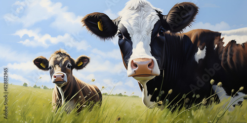 cow in the field, cow with her baby in the field of green grass under blue sky seeing on the camera, generative AI