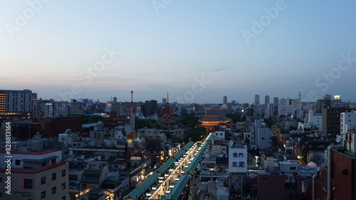 Tokyo, Japan. Asakusa district aerial view. Nakamise street. Asakusa Sensoji in the evening
