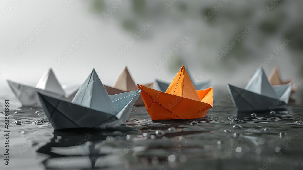 Obraz premium A single colored paper boat, representing the leader, navigates through water, leading a group of boats. Ideal for leaders and leadership concepts.