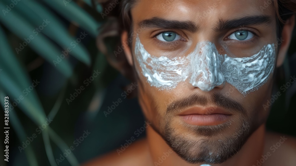 A man with white face mask on his face. A man with white face mask on his face.