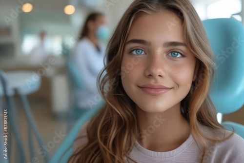 A young woman in a dental chair smiling.