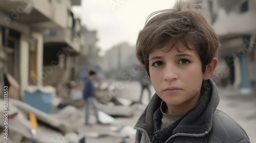 A young boy in a city with rubble.