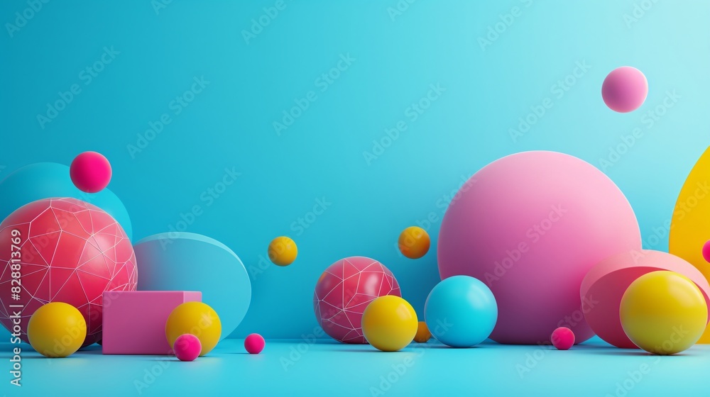 Colorful abstract geometric shapes on a blue background. Vibrant spheres and objects showcasing modern, playful design and creativity. Colorful abstract geometric shapes on a blue background. Vibrant spheres and objects showcasing modern, playful design and creativity.