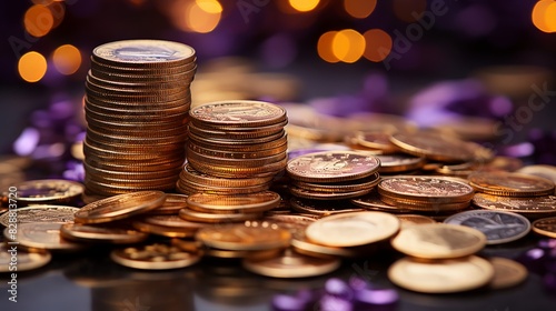 Golden Coins Arrangement on Reflective Surface