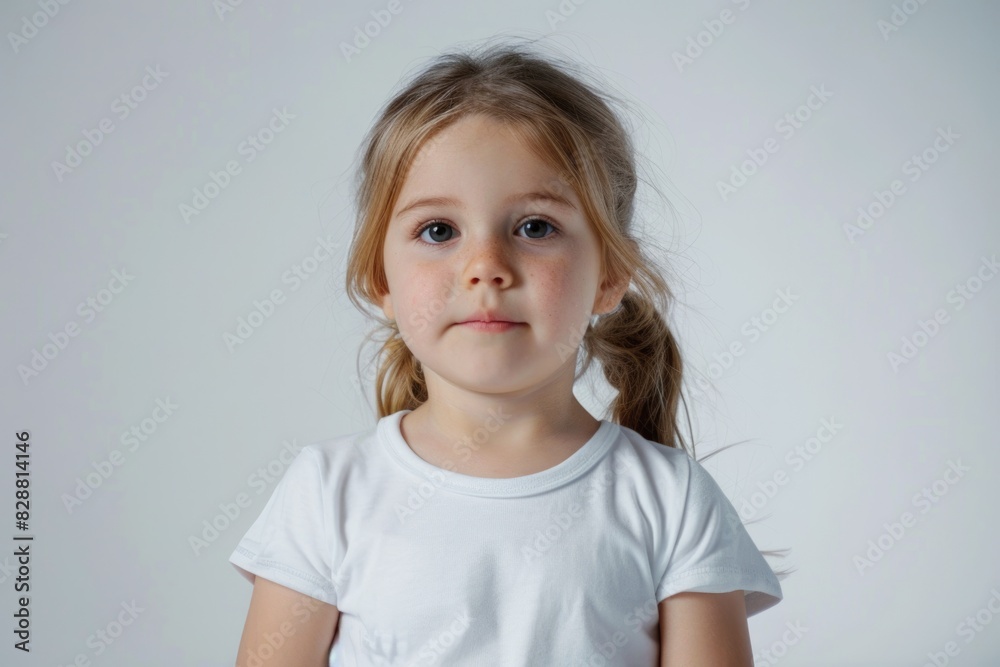 cute little girl in a white T shirt on a white background cute little girl in a white T shirt on a white background
