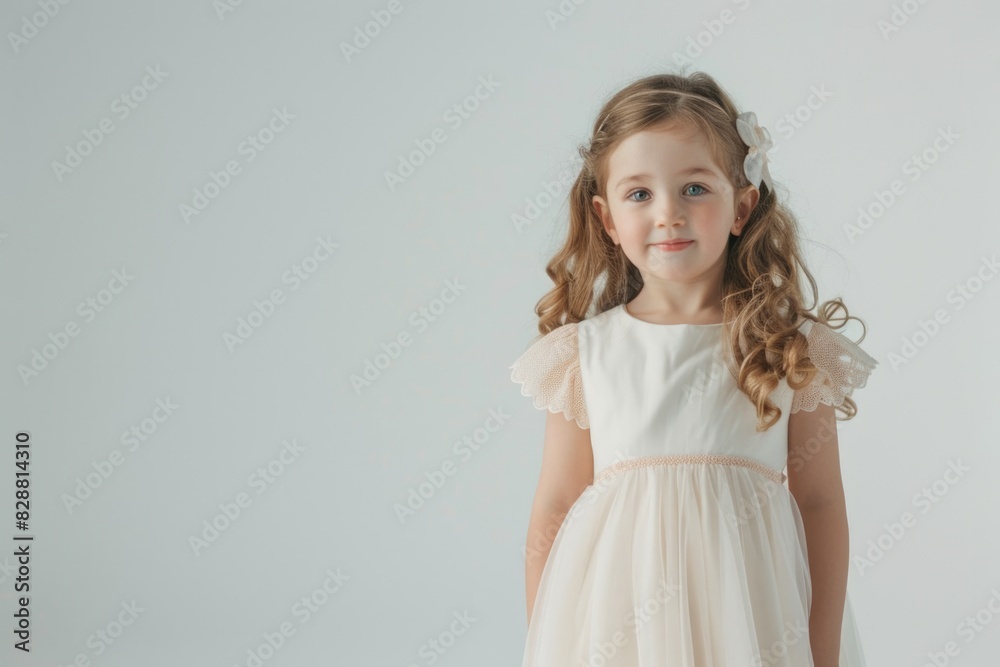 Full length of beautiful little girl in dress standing and posing over white background Full length of beautiful little girl in dress standing and posing over white background