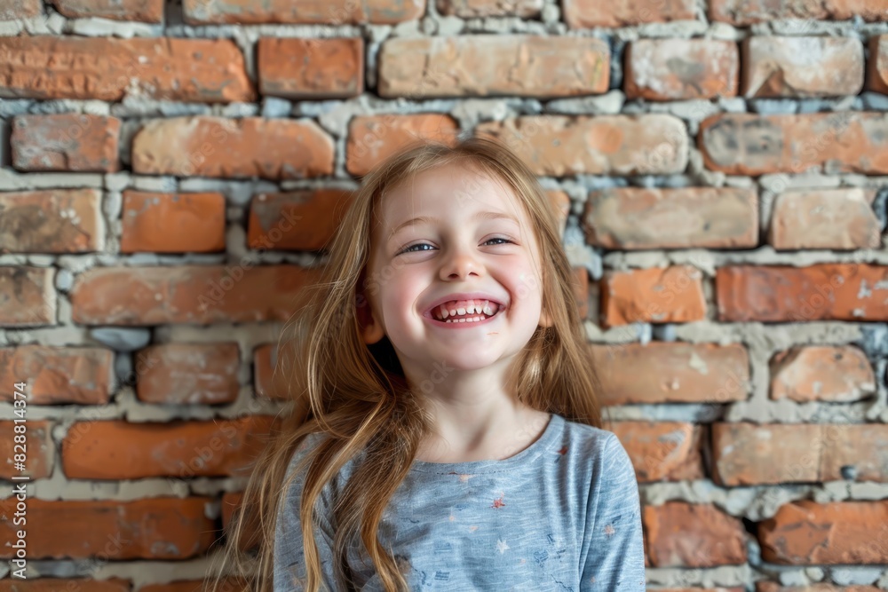 Happy child little girl laughing at a blank empty brick wall Happy child little girl laughing at a blank empty brick wall